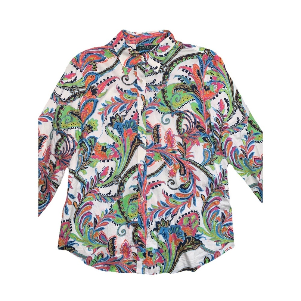 VTG RALPH LAUREN WOMEN'S L SHIRT BUTTON UP PAISLEY LONG SLEEVE NON IRON COLORFUL - Picture 2 of 7